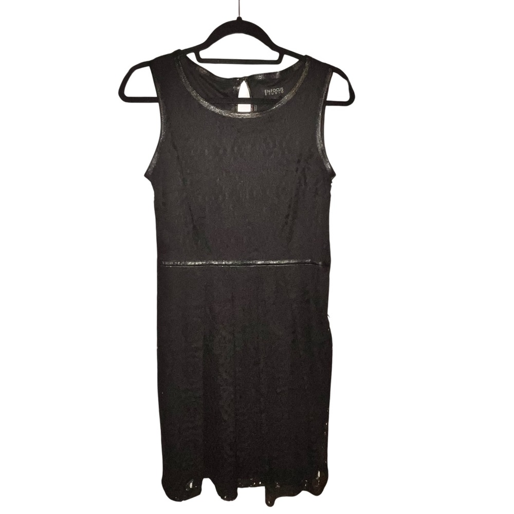 Enfocus Black Lace Sleeveless Mini Dress w/ Black Faux Leather Trim